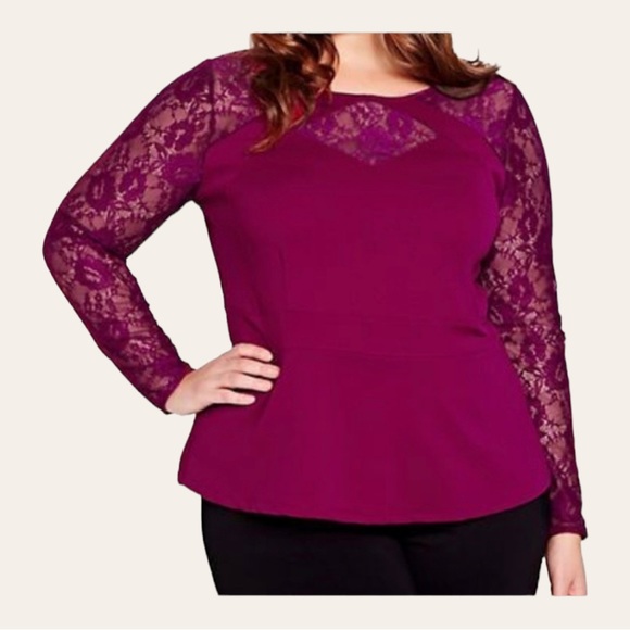 ADDITION ELLE - Black Long Sleeve Lace Peplum Blouse with Keyhole Neckline - Picture 12 of 13